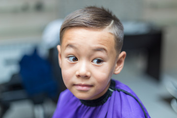 Close-up portrait of an attractive handsome smiling little boy looking at camera after haircut. Hair. Beautiful boy. Six year old boy smiling and having fun
