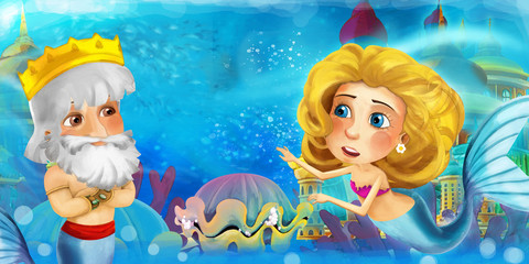 Fototapeta na wymiar Cartoon ocean and the mermaid in underwater kingdom swimming and having fun - illustration for children