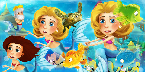 Obraz na płótnie Canvas Cartoon ocean and the mermaid in underwater kingdom swimming with fishes and having fun - illustration for children