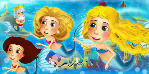 Obraz na płótnie Canvas Cartoon ocean and the mermaid in underwater kingdom swimming and having fun - illustration for children