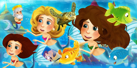 Cartoon ocean and the mermaid in underwater kingdom swimming with fishes and having fun - illustration for children