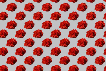 Seamless roses pattern. Greeting card as a decorative background from red flowers on grey backdrop
