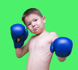 boy with boxing glove on green background