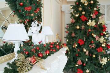 Christmas mood, Christmas tree, merry holidays. Christmas gift box, Blurred background, bokeh.