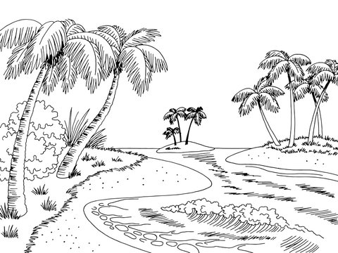 Archipelago island sea coast graphic beach black white landscape sketch illustration vector