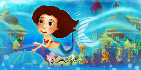 Fototapeta na wymiar Cartoon ocean and the mermaid princess in underwater kingdom swimming and having fun - illustration for children