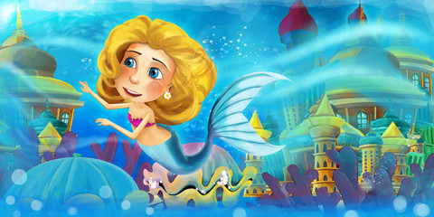 Obraz na płótnie Canvas Cartoon ocean and the mermaid princess in underwater kingdom swimming and having fun - illustration for children