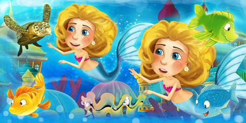 Fototapeta na wymiar Cartoon ocean and the mermaid in underwater kingdom swimming with fishes and having fun - illustration for children