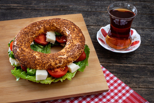 Traditional Turkish breakfast with Turkish bagel simit on the table