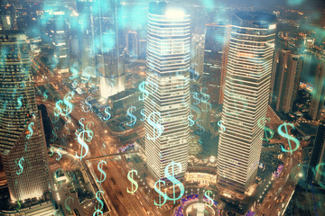 Financial chart on city scape with tall buildings background multi exposure. Analysis concept.