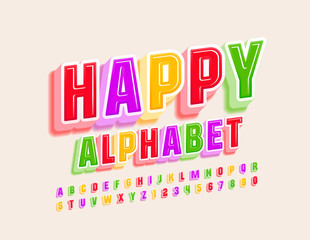 Vector colorful Happy Alphabet Letters and Numbers. Bright Funny 3D Font for Children.
