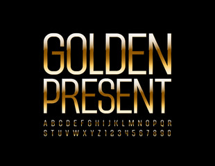 Vector luxury Emblem Golden Present. Elite chic Font. Creative Alphabet letters and Numbers.