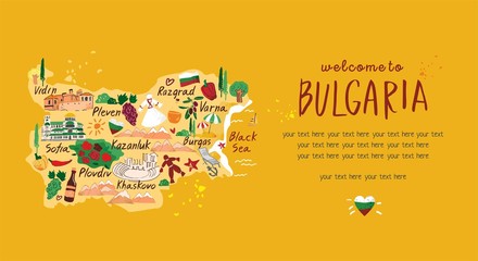 The template for a landing to travel to Bulgaria. Stylized decorative map with symbols, architecture, sights for the banner on the website for tourists. Hand darwn cartoon flat vector illustration.