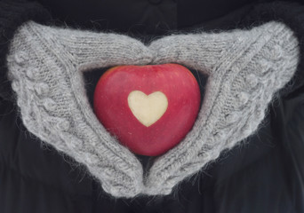 Red ripe apple with a familiar heart cut out. Apple in hands in gray mittens on a black background. Stock photography for st. valentines day. Winter romantic mood.