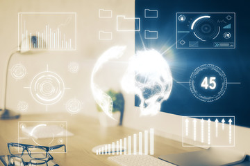Forex Chart hologram on table with computer background. Multi exposure. Concept of financial...