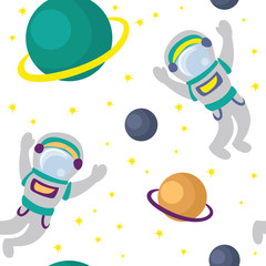 Seamless pattern with astronaut in space for textile, paper, website. Vector flat illustration isolated on the white background. 