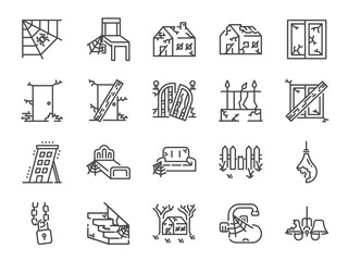 Abandoned house line icon set. Included icons as shabby, old, broken, damaged, scary, dilapidated and more.