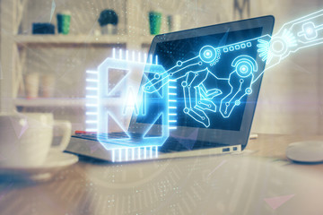 Double exposure of computer and technology theme hud. Concept of innovation.