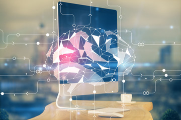 Double exposure of table with computer and brain hologram. Data innovation concept.