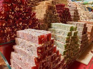 Traditional turkish delights at the market counter