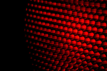 Closeup honeycomb grid texture with red light. Red and dark metal hexagon shaped pattern abstract...