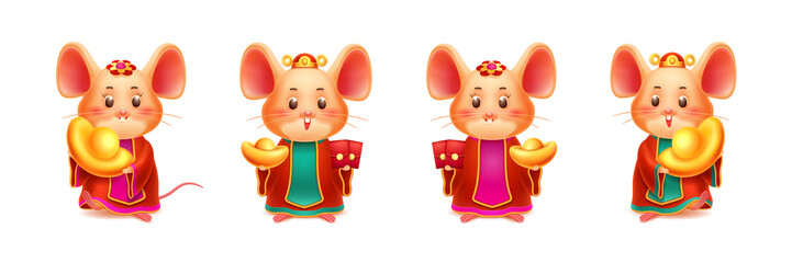 Mice with red envelope and golden ingot. Rat with gold and hongbao. Mouse for CNY or 2020 chinese new year. Set of isolated zodiac symbol for asian holiday. Festive papercut and greeting card element
