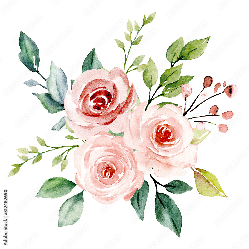 Sticker Blush flowers watercolor, floral clip art. Pink bouquet roses perfectly for printing design on wedding invitation, greeting card, wall art and other. Hand painting. Isolated on white background. 