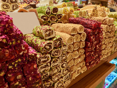 Traditional turkish delights at the market counter