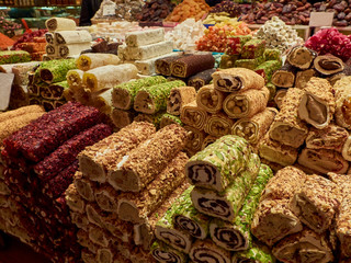 Traditional turkish delights at the market counter