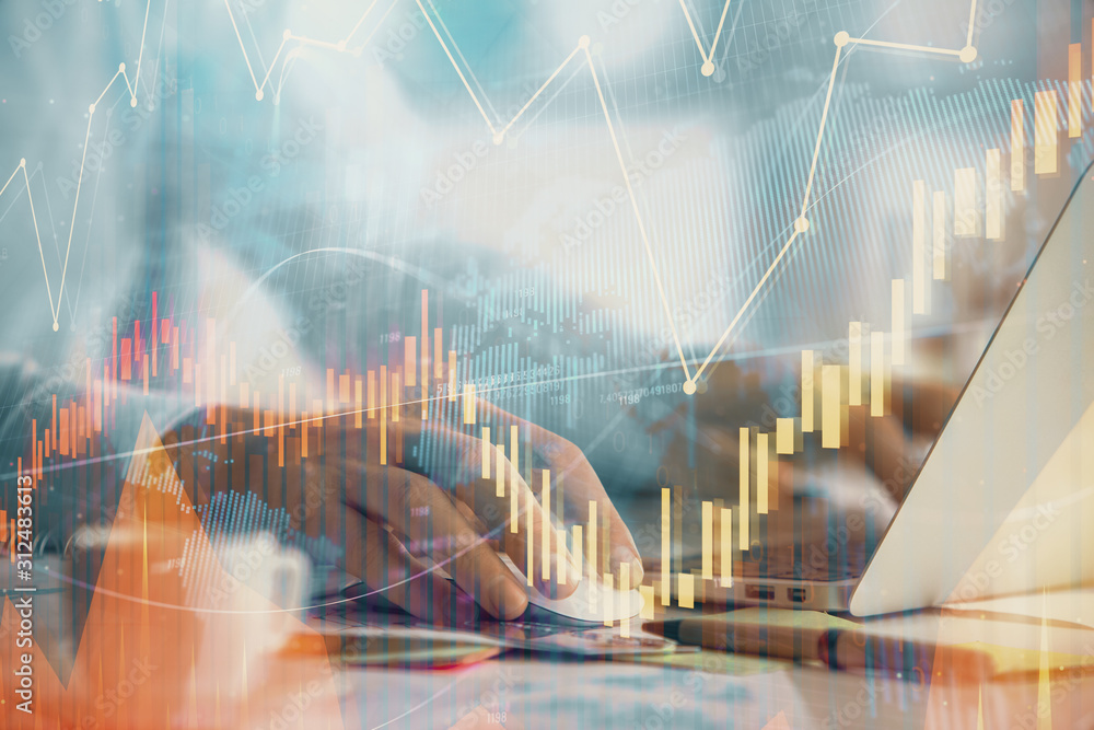 Poster double exposure of forex graph with man working on computer on background. concept of market analysi