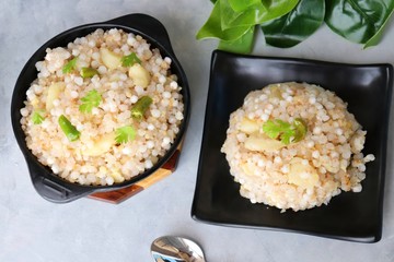 Indian Food dish made out of Sago called Sabudana khichdi, Usually eaten during fasting days. Recipe Ingredients along with copy space