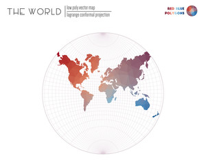 Polygonal world map. Lagrange conformal projection of the world. Red Blue colored polygons. Contemporary vector illustration.