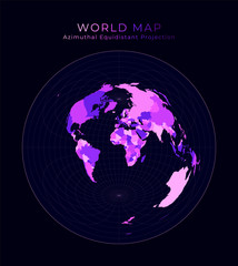 World Map. Azimuthal equidistant projection. Digital world illustration. Bright pink neon colors on dark background. Awesome vector illustration.
