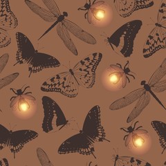 Vector seamless pattern with butterfly and firefly