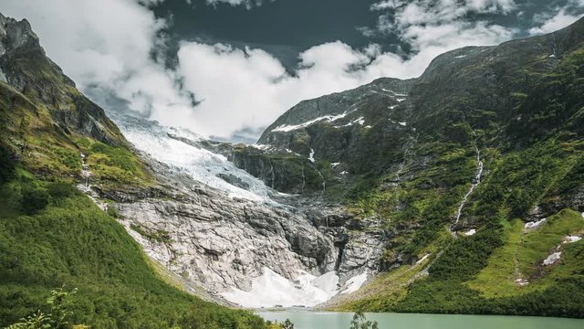 Jostedalsbreen National Park, Sogn Og Fjordane County, Norway. Boyabreen Glacier In Spring Sunny Day. Famous Norwegian Landmark And Popular Destination. 4K
