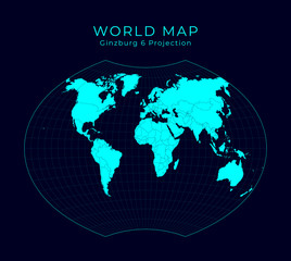 Map of The World. Ginzburg VI projection. Futuristic Infographic world illustration. Bright cyan colors on dark background. Powerful vector illustration.