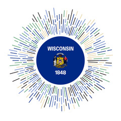 Wisconsin sign. US state flag with colorful rays. Radiant sunburst with Wisconsin flag. Vector illustration.