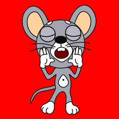emoticon with a cool scared mouse that stands with with eyes closed and both palms to his mouth and screams, color vector clip art on red isolated background