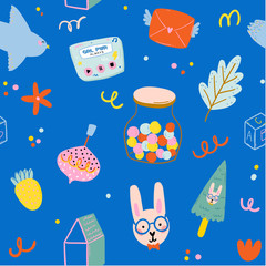 Cute scandinavian seamless pattern including funny decorative hand drawn elements. Cartoon doodle style illustration for birthday decor, stickers, T-shirt, nursery, kids design. Vector.
