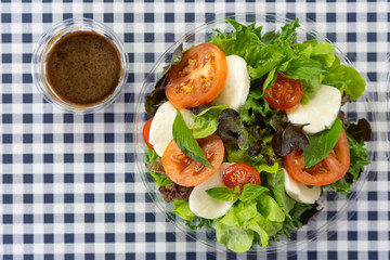 Fresh salad with Mozerrella cheeze mixed vegetable salad in clear plastic packaging for take away or food delivery