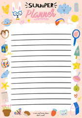 Collection of weekly or daily planner, note paper, to do list, stickers templates decorated by cute kids illustrations and inspirational quote. School scheduler and organizer. Flat vector