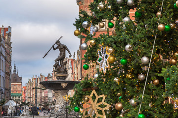 Long Lane and Neptune fountain in Gdansk with beautiful Christmas tree, Poland