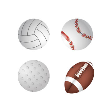 Ball collection. Sports equipment game balls football basketball tennis billiards golf rugby bowling volleyball symbols playing vector set