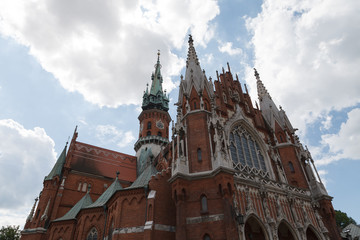 St. Joseph's Church built from red brick. Gothic architecture in Krakow, Poland.