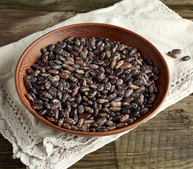 raw oval red marble beans in a plate on a wooden table. Agriculture harvest