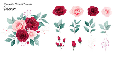 Floral vector collection. Flowers decoration illustration of red and peach rose flowers, leaves, branches. Romantic botanic elements for wedding or greeting card design - obrazy, fototapety, plakaty