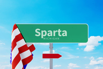 Sparta – Michigan. Road or Town Sign. Flag of the united states. Blue Sky. Red arrow shows the direction in the city. 3d rendering