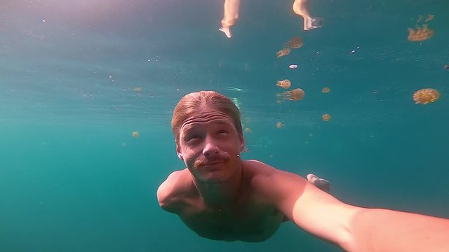 man is swimming under water through a lake with jellyfish