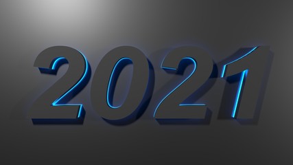 2021 in black digits with blue back light, on a black surface - 3D rendering illustration