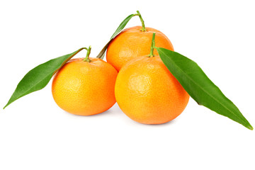 mandarin with green leaf isolated on white background